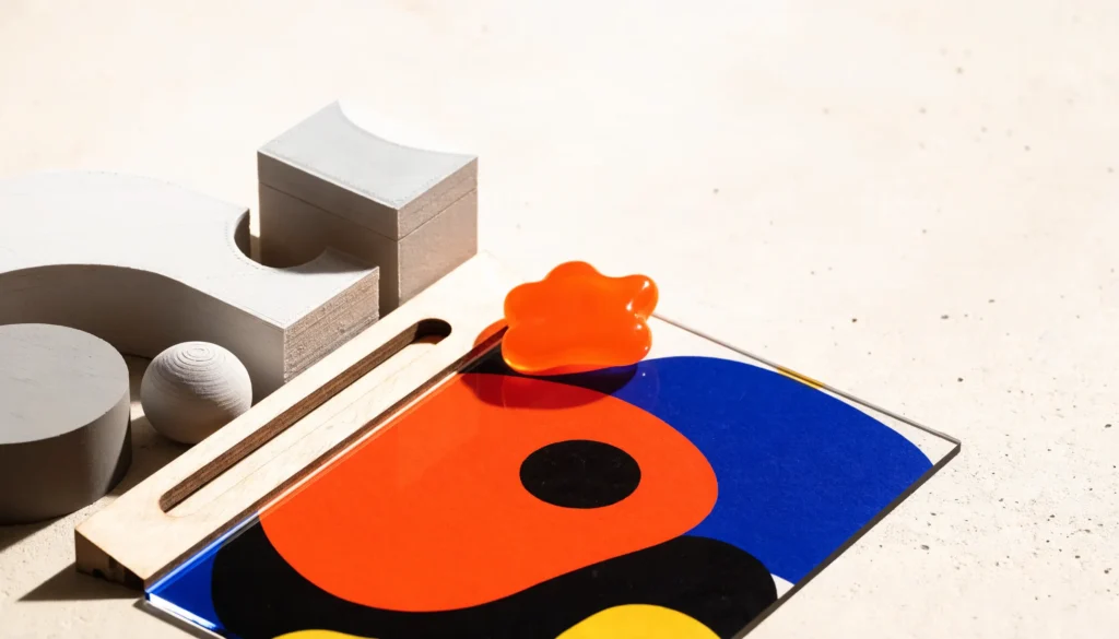 3D printed parts, laser cut ply and a UV printed acrylic panel