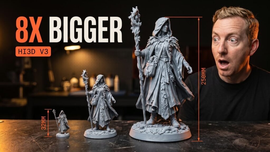 AI-generated druid miniature resin printed at 32mm, 75mm and 250mm