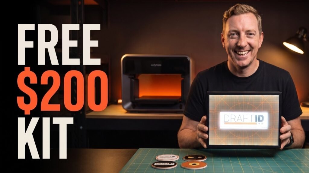 Jesse holding a lit DraftID light box printed on the eufyMake E1, with UV printed coasters on the bench