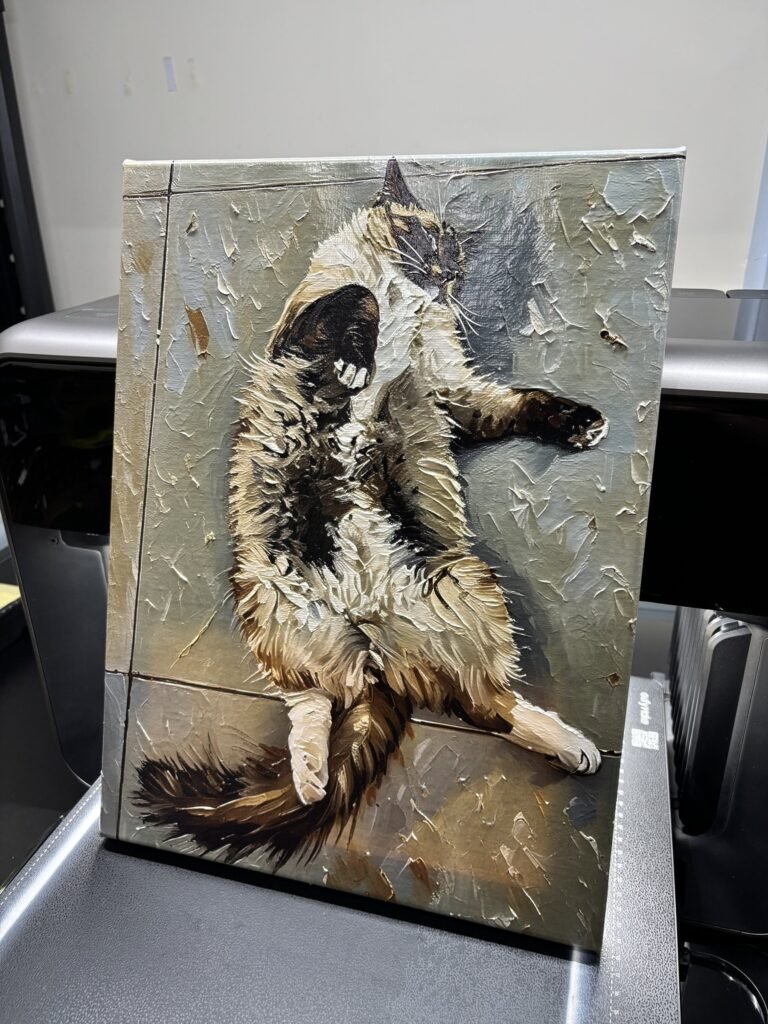 Cat portrait UV printed on canvas with raised texture that looks like thick oil paint