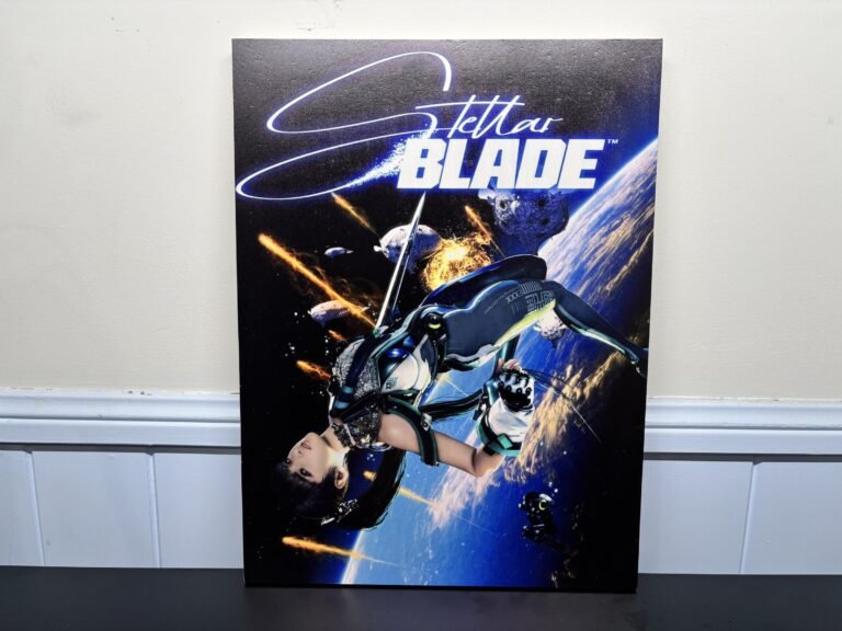 Stellar Blade game poster UV printed in full colour on a wood panel
